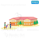 Helth worker who is greeting elderly woman and her son in front of care house