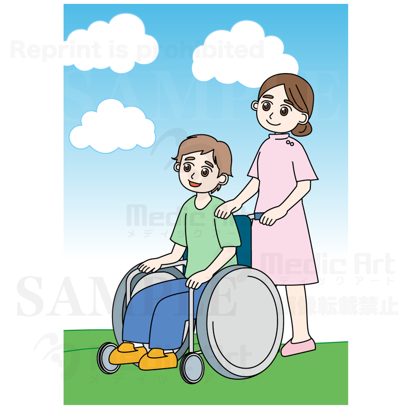 A patient in a wheelchair-mobile are taking a turn around with a nurse under the clear sky