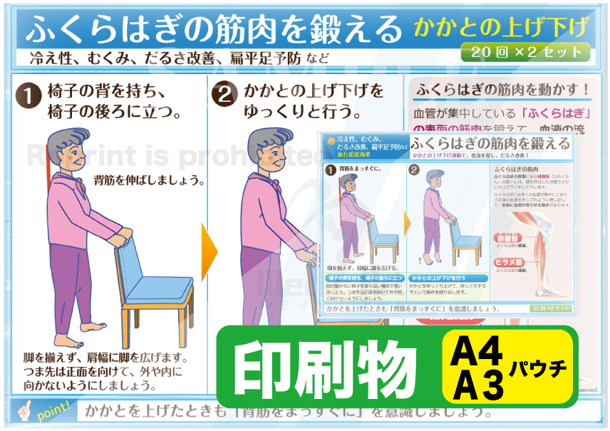 ふくらはぎの筋肉を鍛える（立つ：かかとの上げ下げ）　印刷物　専門家向け（A4）＋簡易版（A3）パウチ［送料込み］