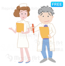 Ａ doctor confirms the medical record as he is talking with a nurse