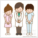 お辞儀をする医師、看護師、検査技師