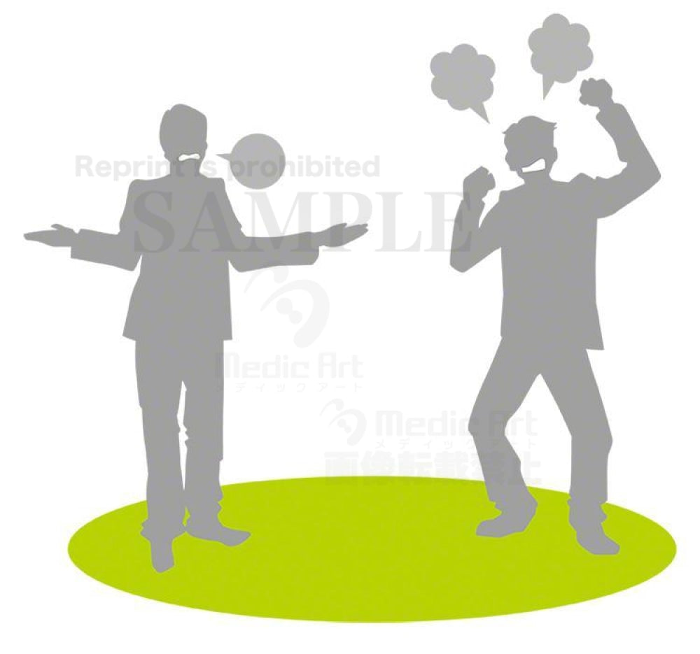 同僚に怒りをぶつけている会社員（アグレッシブなコミュニケーション）