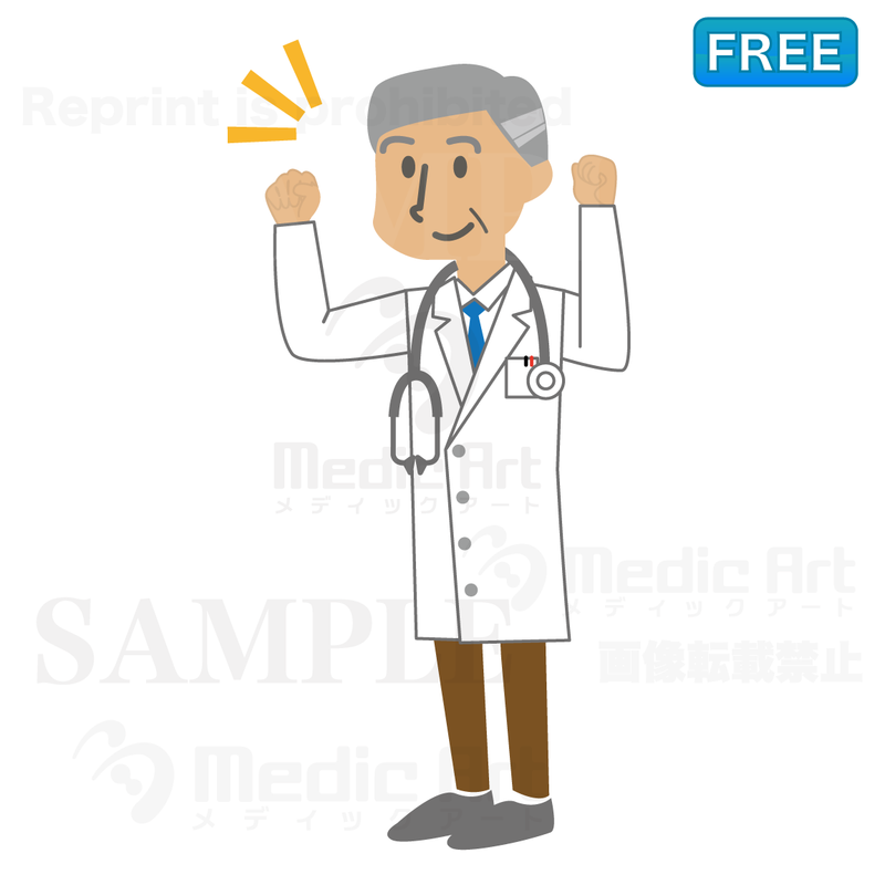 A doctor who is raising his arms in triumph guts pose and encouraging his patient/F1